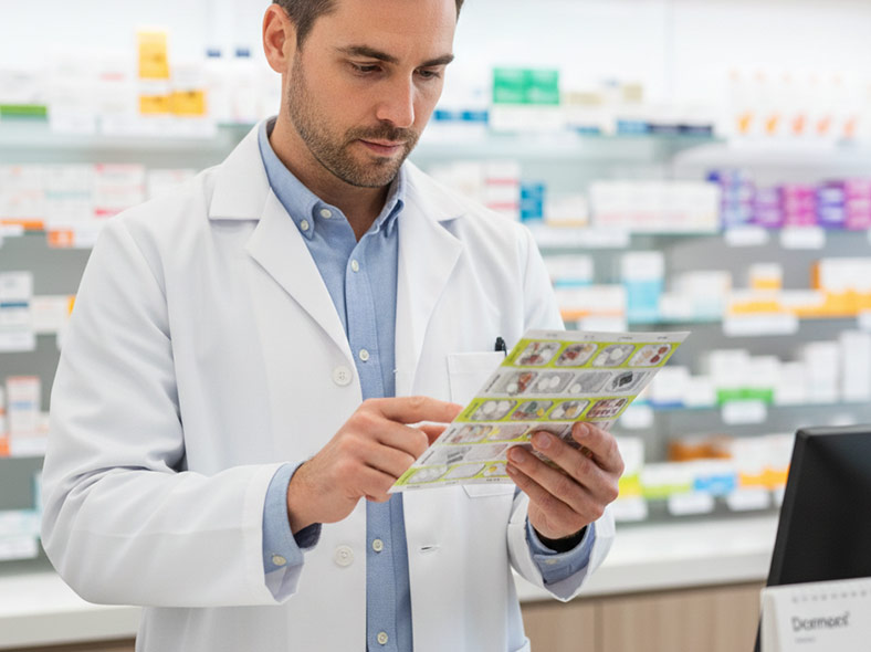  farmacéutico revisando tratamiento para sistema personalizado de dosificación

