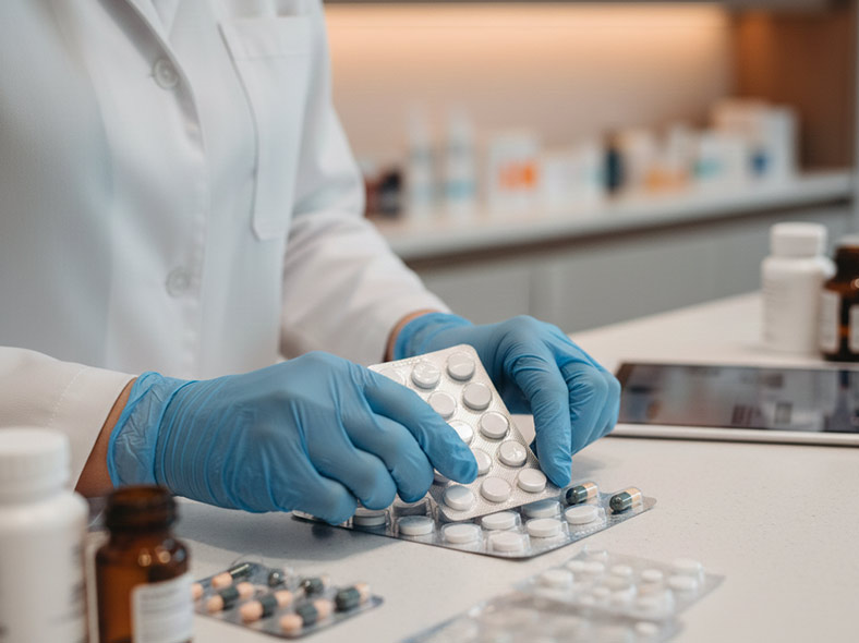  farmacéutico revisando tratamiento para sistema personalizado de dosificación

