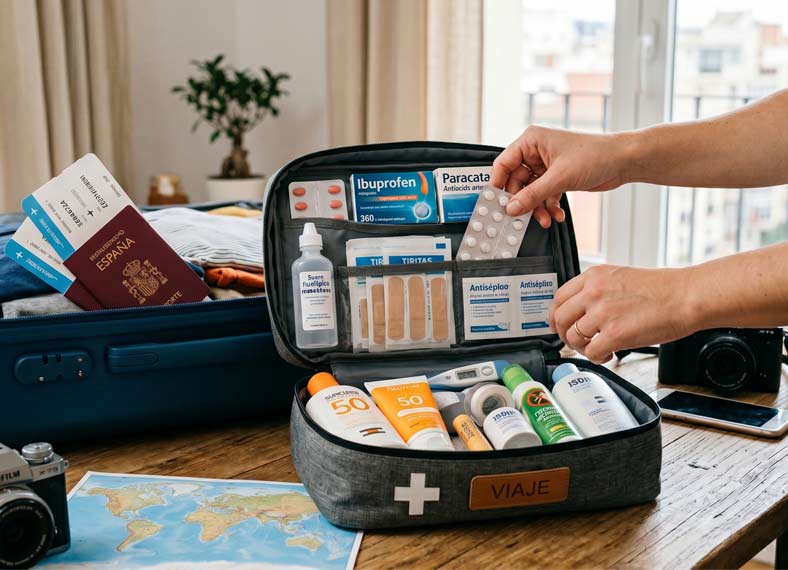 Un botiquín de viaje abierto y organizado sobre una mesa de madera, mostrando medicamentos básicos, tiritas, suero y protector solar junto a un pasaporte.